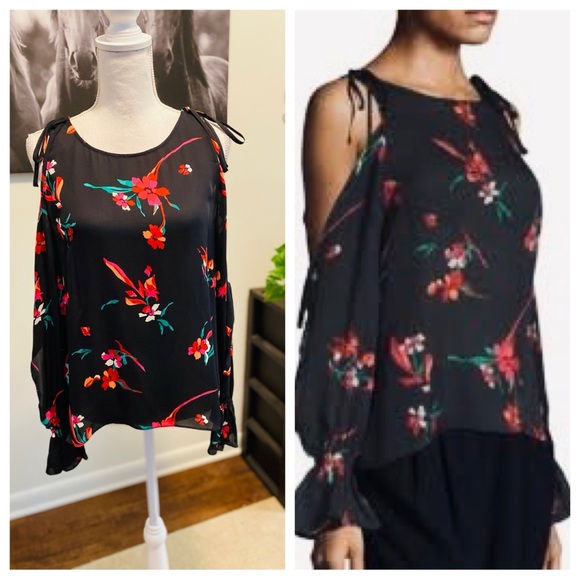 JOIE women’s 100% silk long split sleeve dark floral pullover blouse Sz L multi - Picture 1 of 7